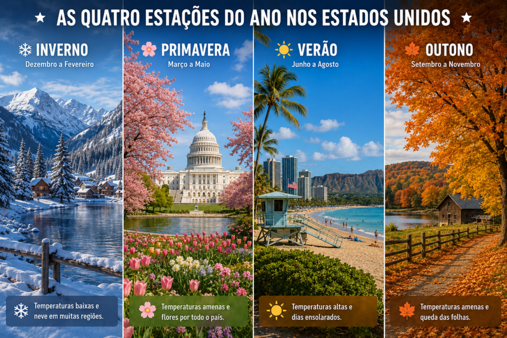 Paisagem mostrando as quatro estações do ano nos Estados Unidos com neve no inverno, flores na primavera, calor no verão e folhas secas no outono.