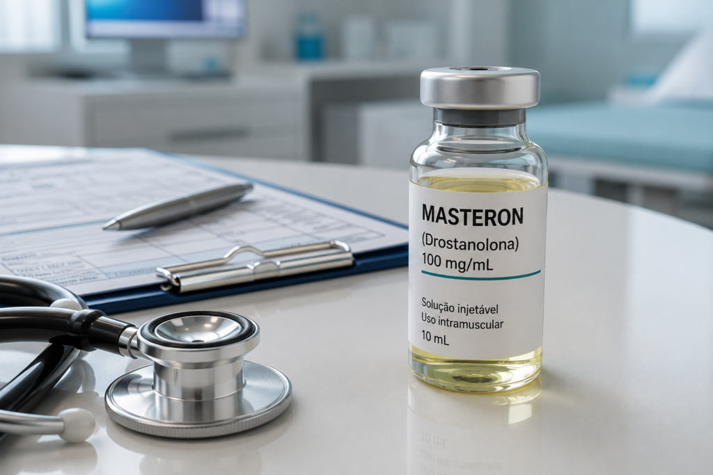 Frasco ilustrativo de Masteron com destaque para informações.
