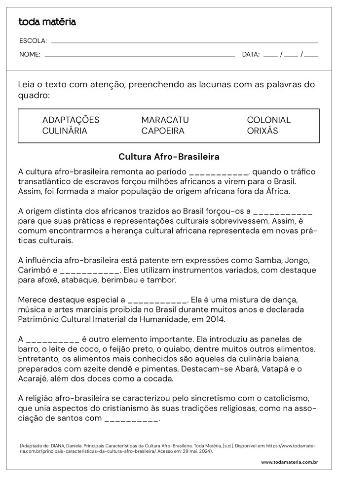 Atividade de complete sobre cultura afro-brasileira