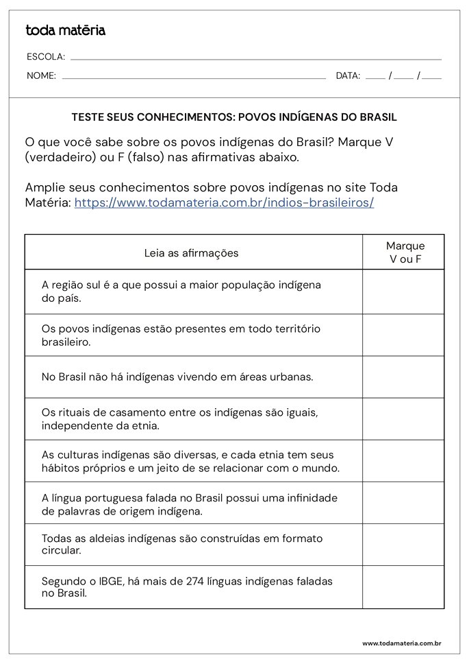 Atividade de V ou F sobre povos indígenas do Brasil