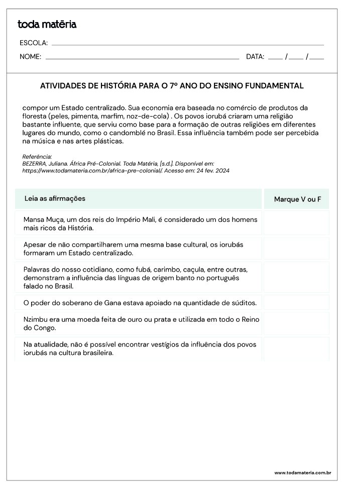 Folha de Atividade História - 7 ano - 6questão.1