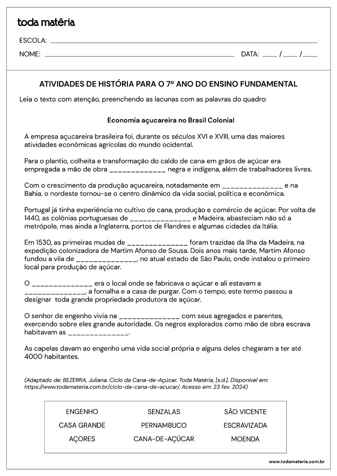 Folha de Atividade História - 7 ano - 8questão