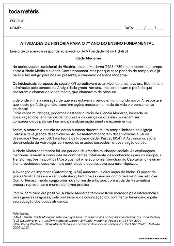 texto para leitura e interpretação sobre idade moderna
