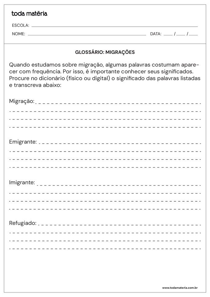 Atividade de glossário sobre migrações
