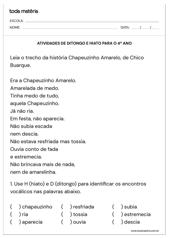 atividade ditongo e hiato 4 ano